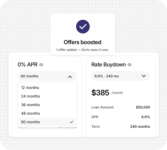 Offer controls for supported zero-percent APR promotions and rate buydowns.