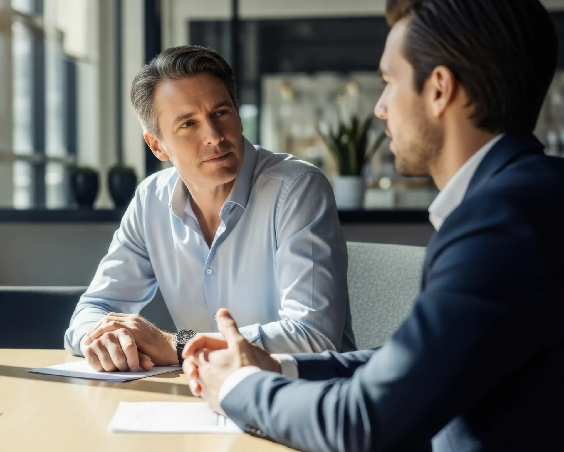 Two business partners in conversation across a meeting table.