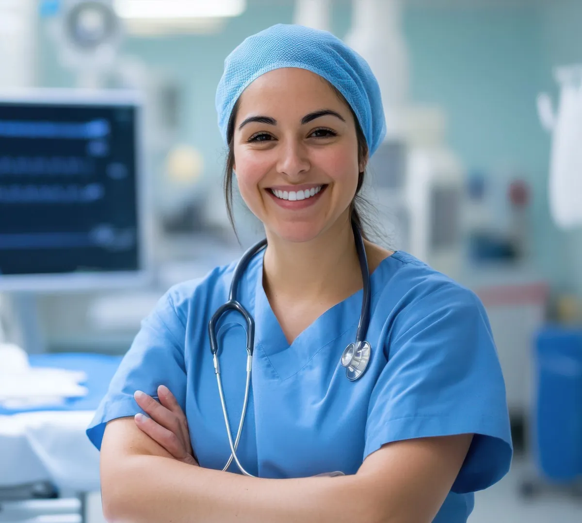 Female doctor in white coat with stethoscope reviewing a medical chart on a desk.