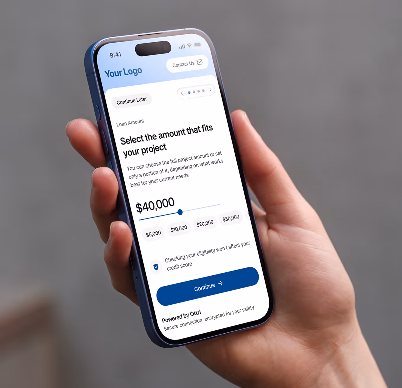 Branded Ottri financing flow shown on a mobile app screen