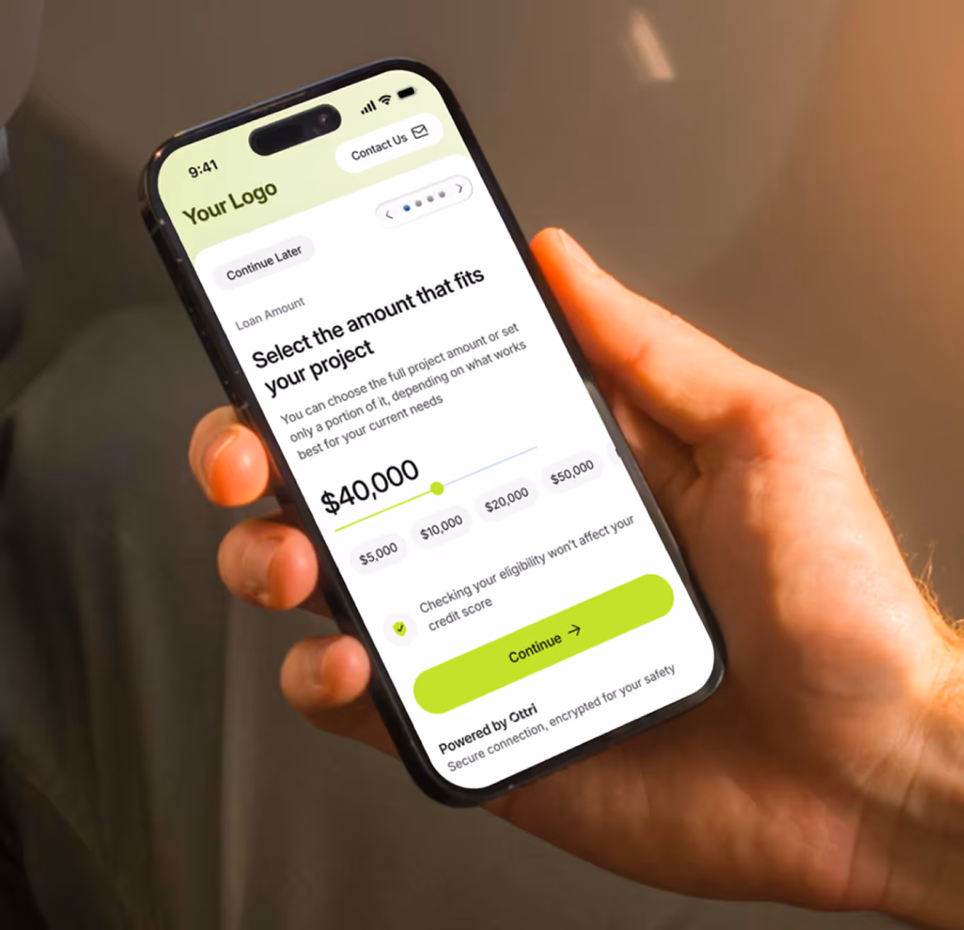 Customer reviewing branded financing details on a mobile app screen