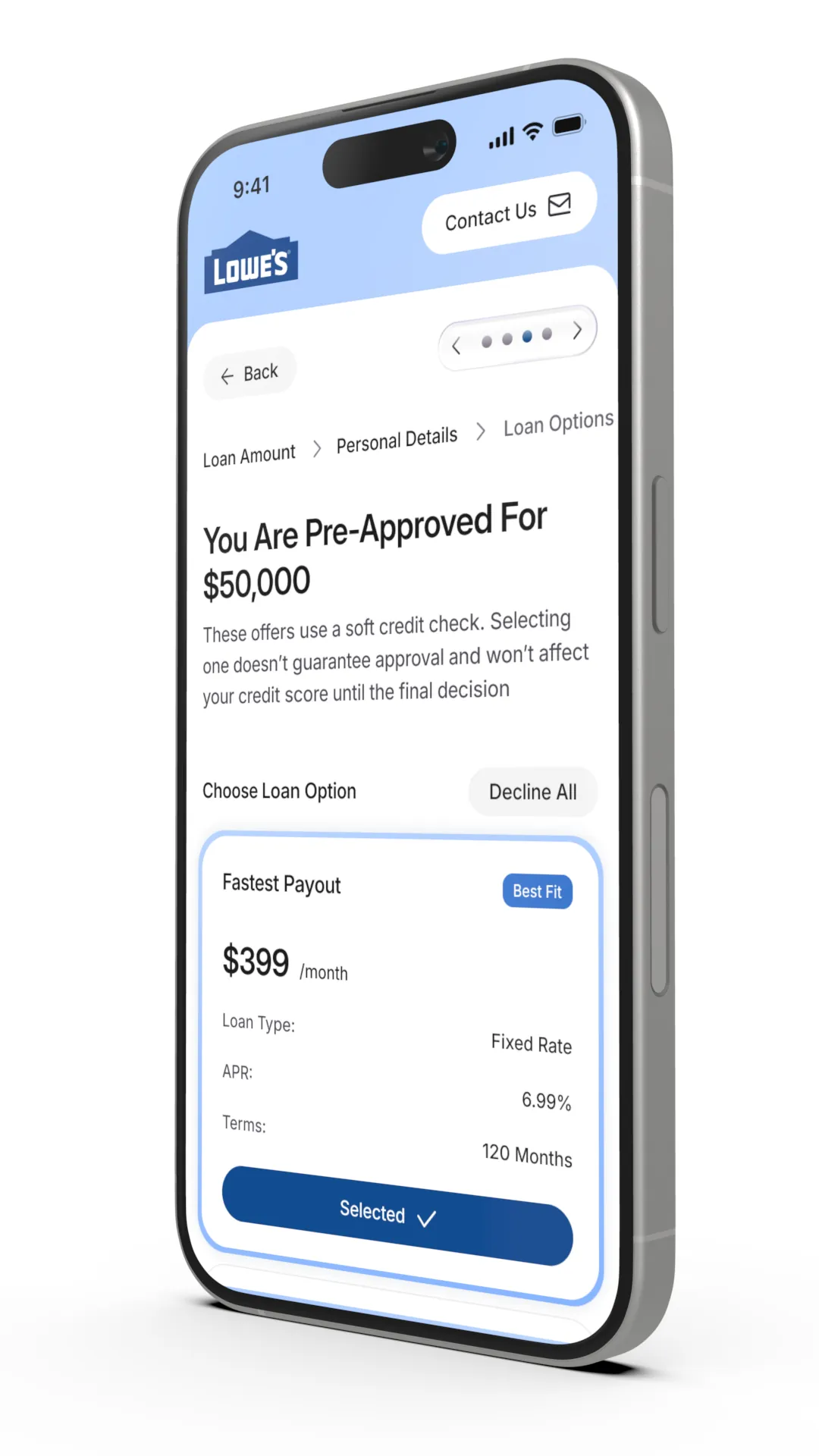 White-labeled mobile financing experience showing a pre-approved loan offer