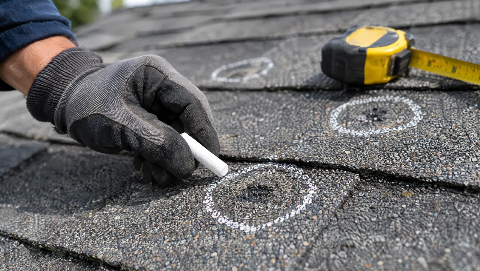 A roofer's gloved hand circles hail impact marks on asphalt shingles with chalk during an insurance inspection.