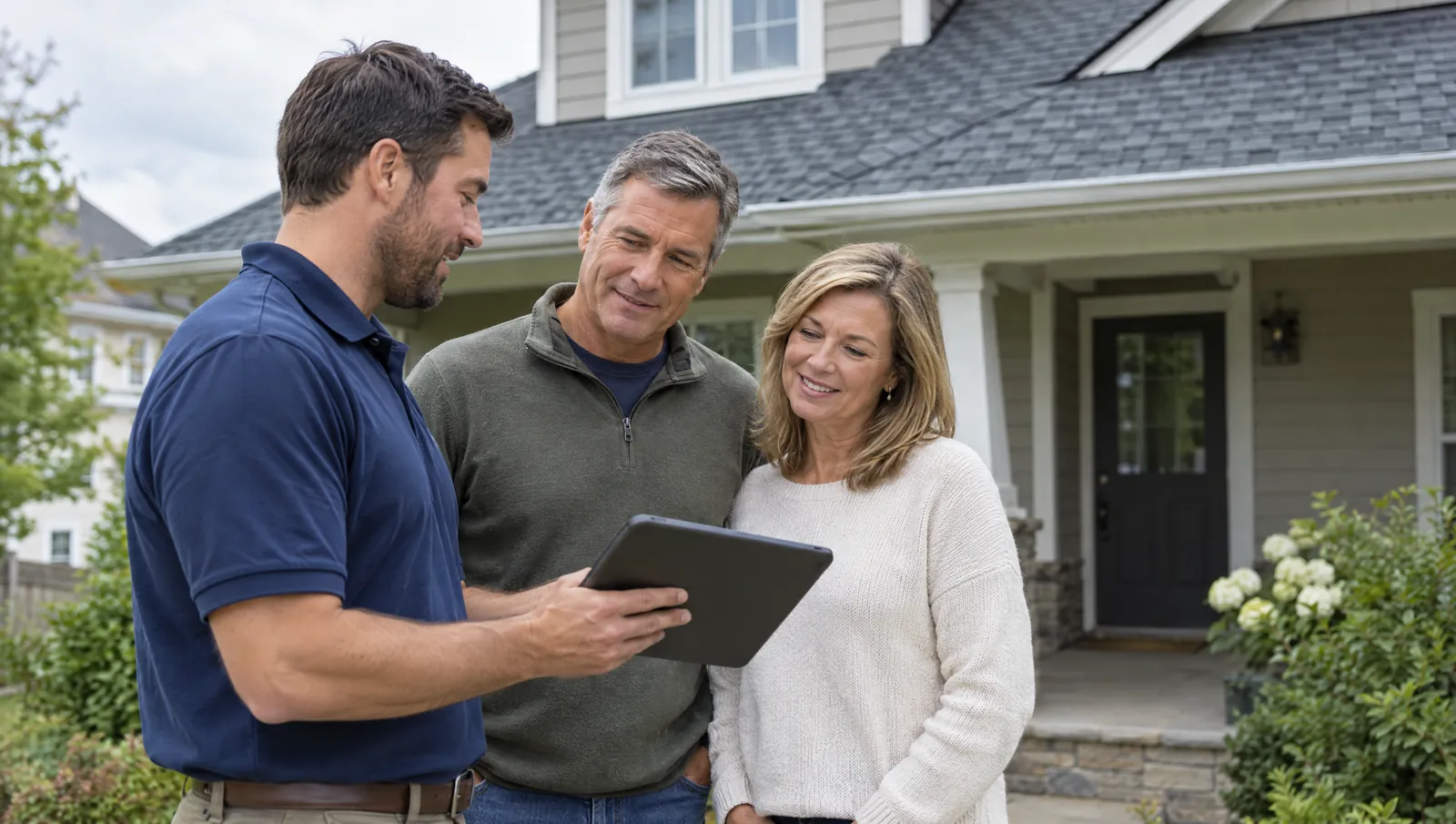 A roofing sales rep shows a homeowner couple a financing application on a tablet on their front porch.