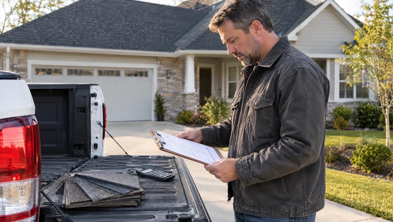 A roofing company owner reviews a job estimate at his truck's tailgate in front of a newly roofed house.
